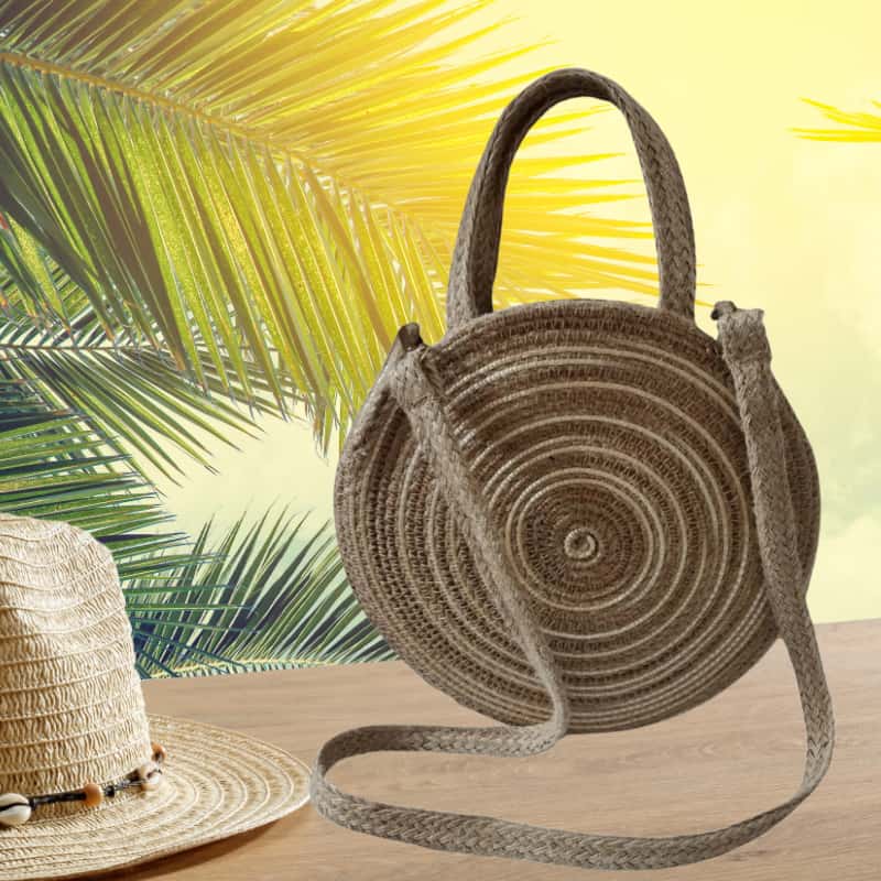حقيبة يد وكتف دائرية من القش للنساء 