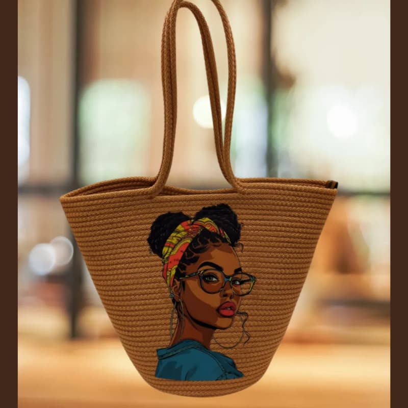 حقيبة شاطئ من القش بلون بني فاتح بتصميم مطبوع - حقيبة يد وكتف نسائية