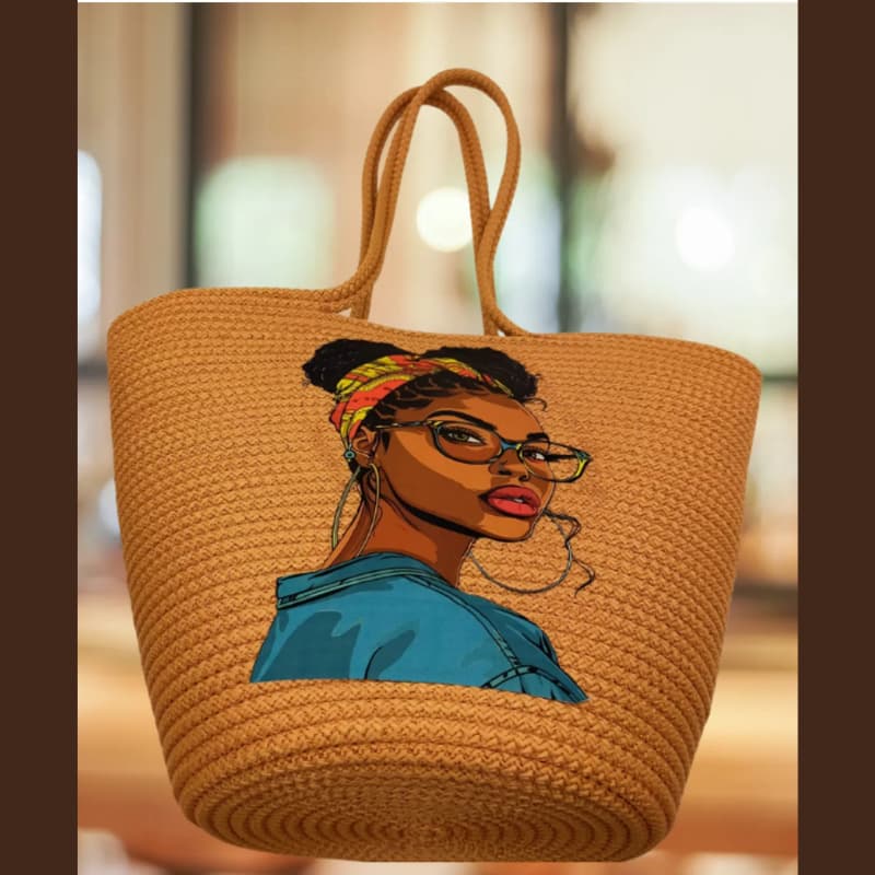 حقيبة شاطئ من القش بلون بني فاتح بتصميم مطبوع - حقيبة يد وكتف نسائية