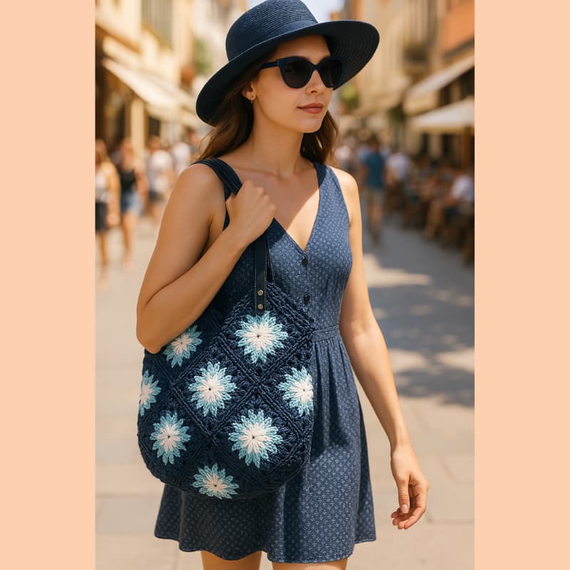 NVsisters Navy Patterned Straw Summer Women’s Shoulder Bag